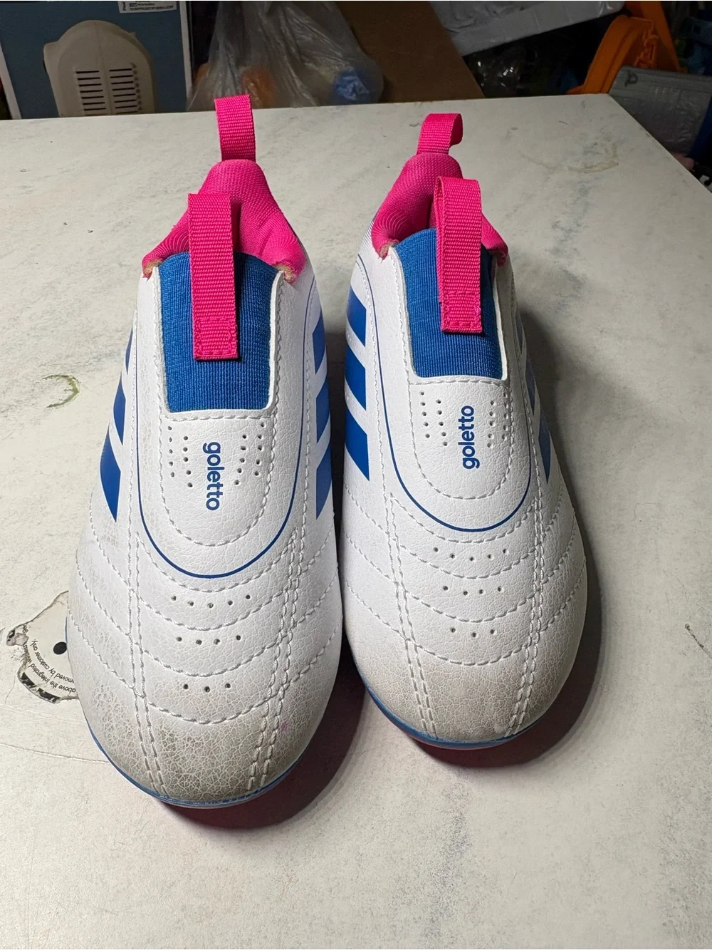 Kids White & Blue Athletic Cleats with Pink Trim